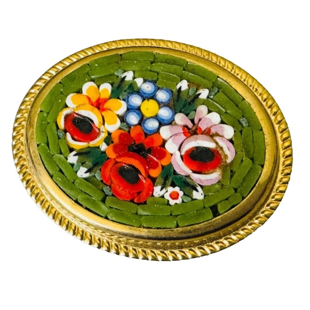 Vintage Gold Tone Green Flowers Floral Micro Mosaic Italy OVAL Brooch Pin